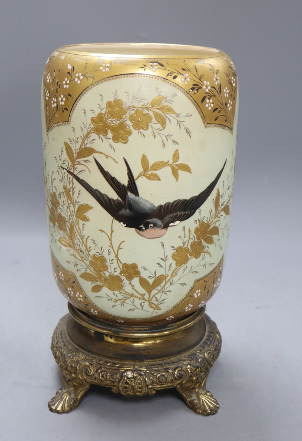 A Satsuma vase decorated in gilt with a bluebird, on stand, c.1880, overall height 34cm